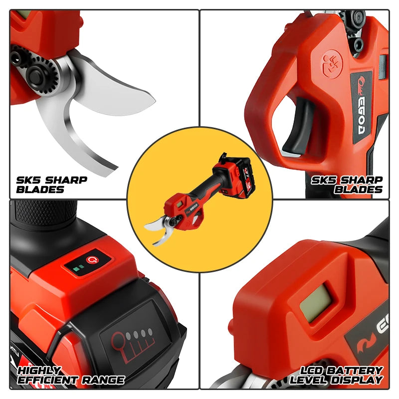 Red cordless electric pruning shears with a sharp blade and LED battery level display.