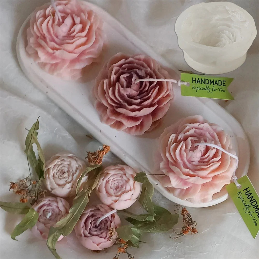 Pink and purple handmade peony flower silicone molds for candle, resin, and soap making