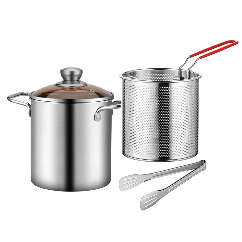 Deep Fryer Pot, 3.2 Qt, Stainless Steel with Basket and Glass Lid