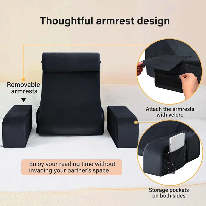 Ergonomic Back Support Pillow with Side Arms — Memory Foam Reading Cushion for Bed, Sofa & Office