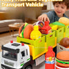 A diecast metal fruit and vegetable transport vehicle model in yellow and green, with a child interacting with it.