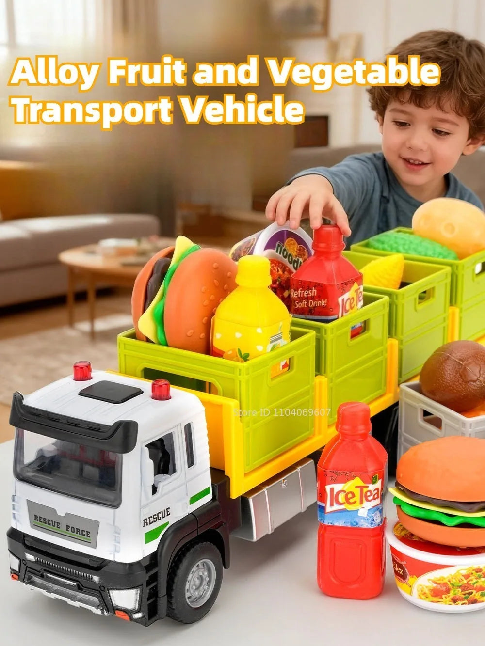 A diecast metal fruit and vegetable transport vehicle model in yellow and green, with a child interacting with it.