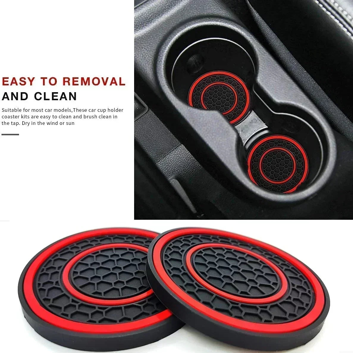 A set of two black and red non-slip silicone coasters designed for car cup holders.