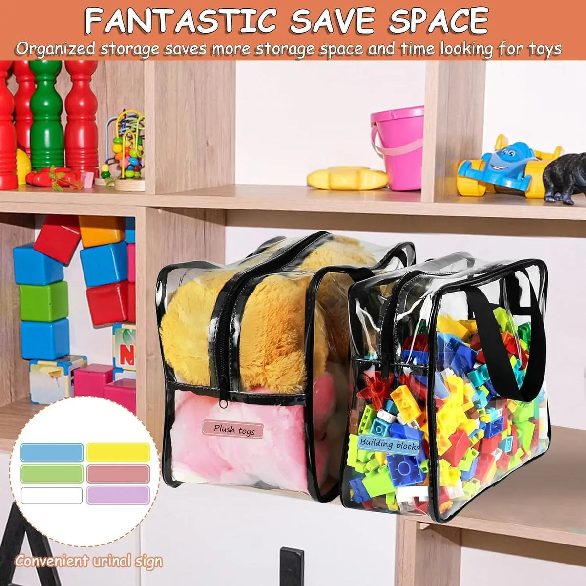 Clear transparent storage bag with zipper for toys, cosmetics, and travel stored in a wooden shelf.