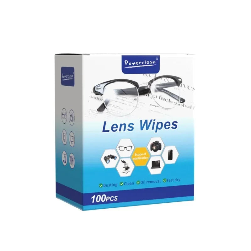 Box of Powerclean lens wipes for cleaning glasses, sunglasses, and screens