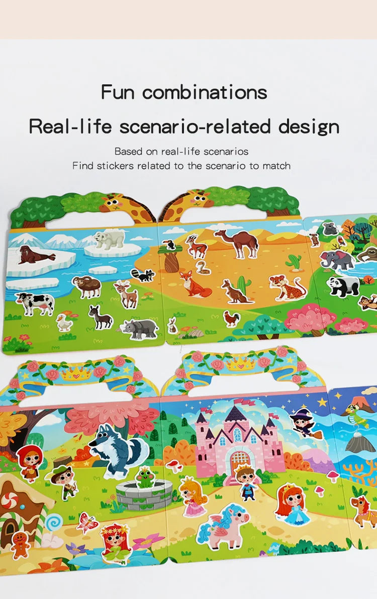 A colorful sticker book for toddlers featuring real-life scenario-related designs and animals.