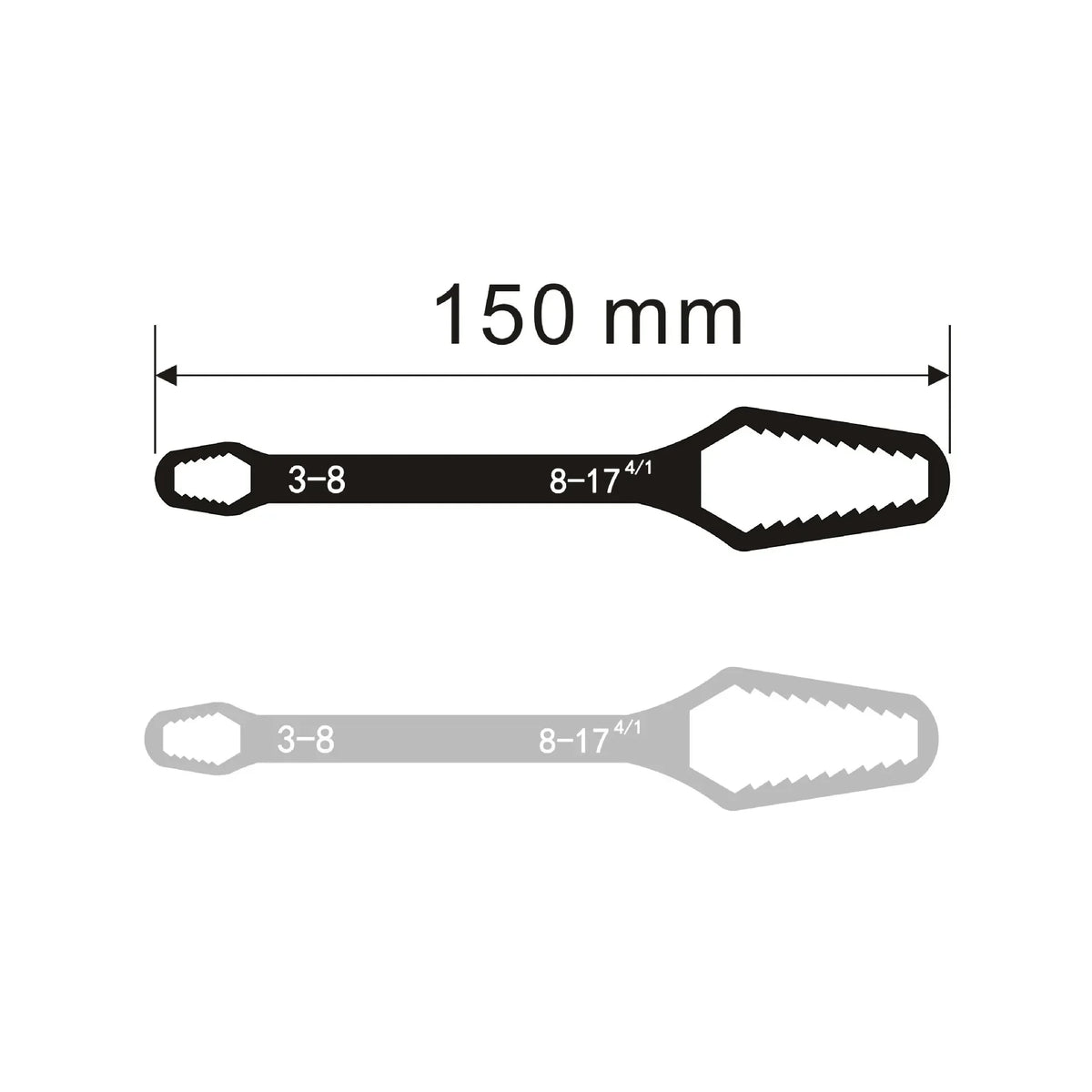 A black universal adjustable Torx wrench with a 150 mm length and double-headed design.