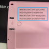 A pink LCD writing tablet showing instructions on when the screen pattern can or cannot be eliminated based on the switch pos