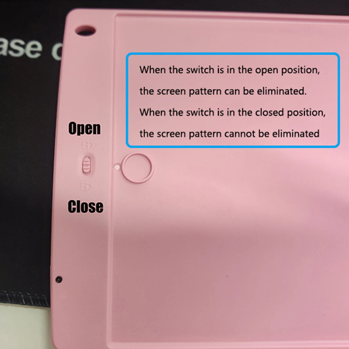 A pink LCD writing tablet showing instructions on when the screen pattern can or cannot be eliminated based on the switch pos