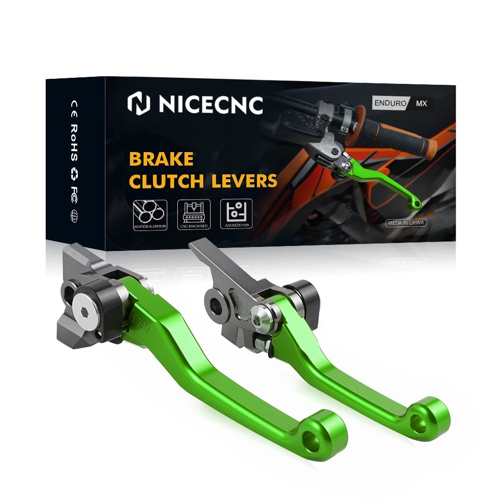 A set of green and black CNC aluminum brake and clutch levers for dirt bikes.