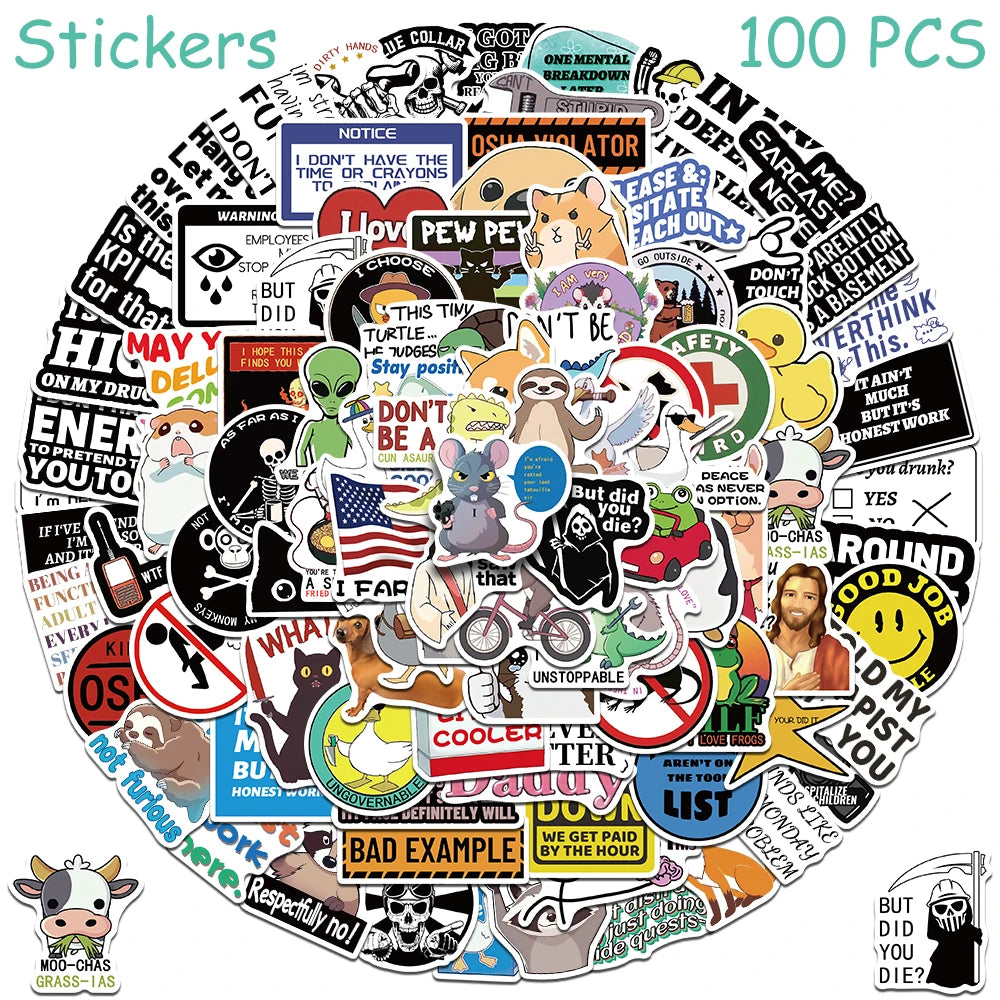 A collection of 100 funny cartoon meme vinyl stickers arranged in a circular pattern.