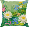 A floral print throw pillow cover featuring green leaves, yellow and blue wildflowers, and a small green frog.