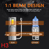 Comparison showing the 1:1 beam design of an H3 headlight bulb against another type.