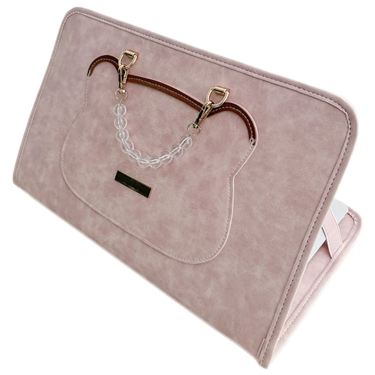 A light pink water-resistant laptop briefcase featuring a stitched design and gold-toned hardware.
