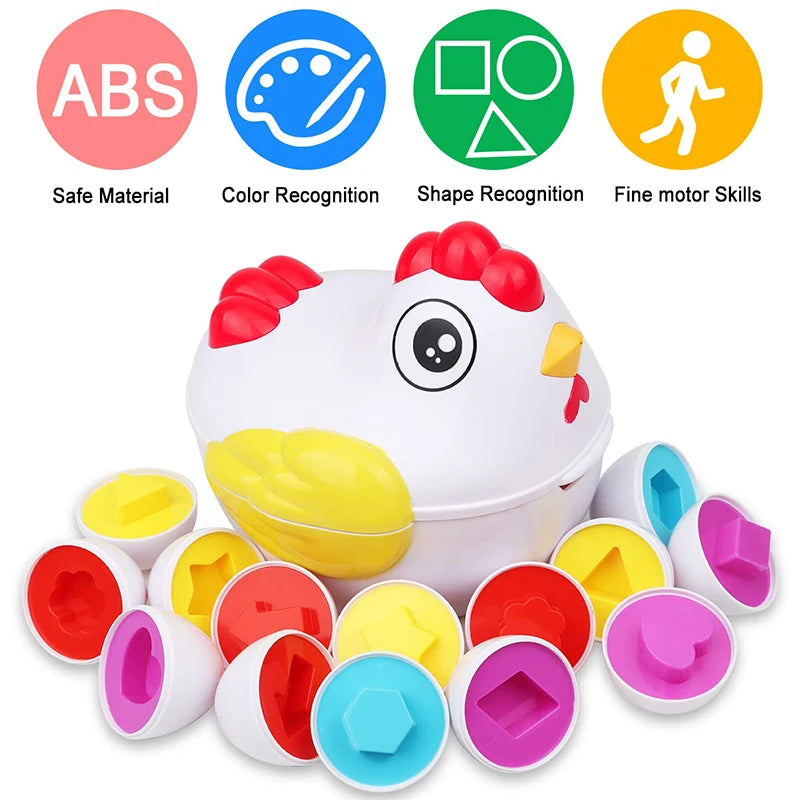 A white egg-shaped toy with colorful parts for a Montessori matching and sorting activity.