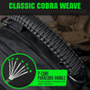 Close-up of a black tactical bag featuring a 7-core paracord handle with a metal hook.