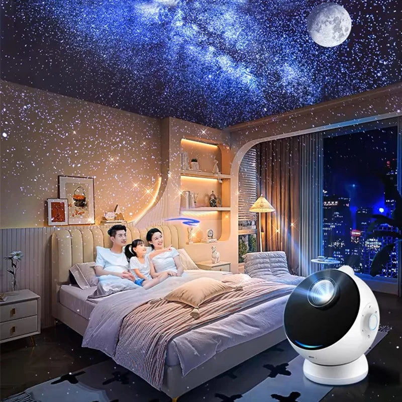 A bedroom decorated with a starry night sky projection and a white projector device on a bed.