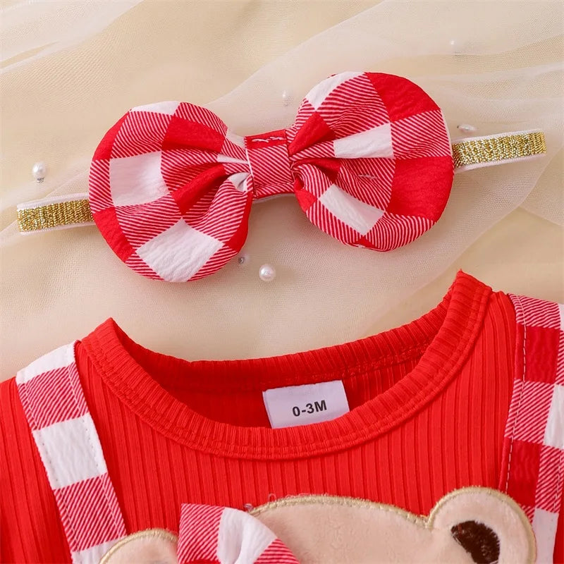 Baby Girl Plaid Romper Set with Bear Patch and Bow Headband