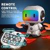 A white robot with glowing eyes is shown next to a remote control device featuring buttons for command, music, lights, and da
