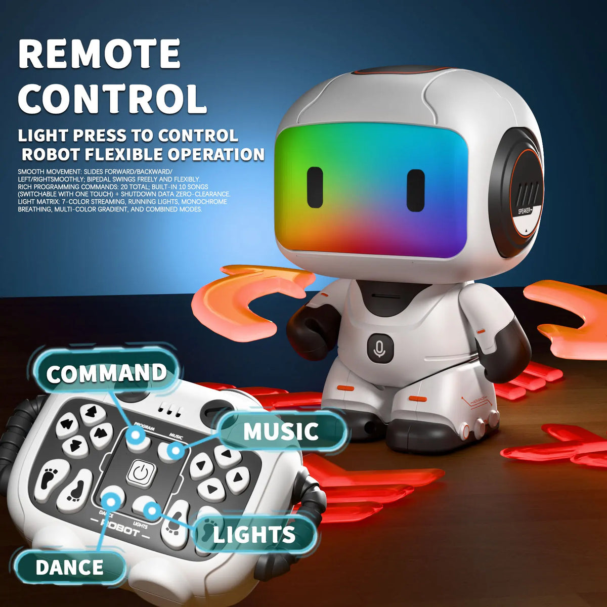 A white robot with glowing eyes is shown next to a remote control device featuring buttons for command, music, lights, and da