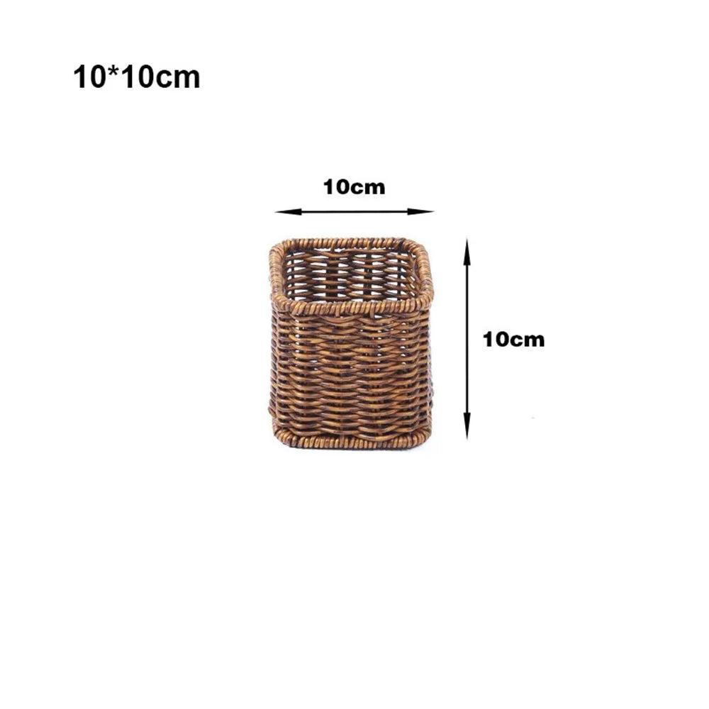 A rectangular handwoven wicker serving basket with a woven texture and natural brown color.