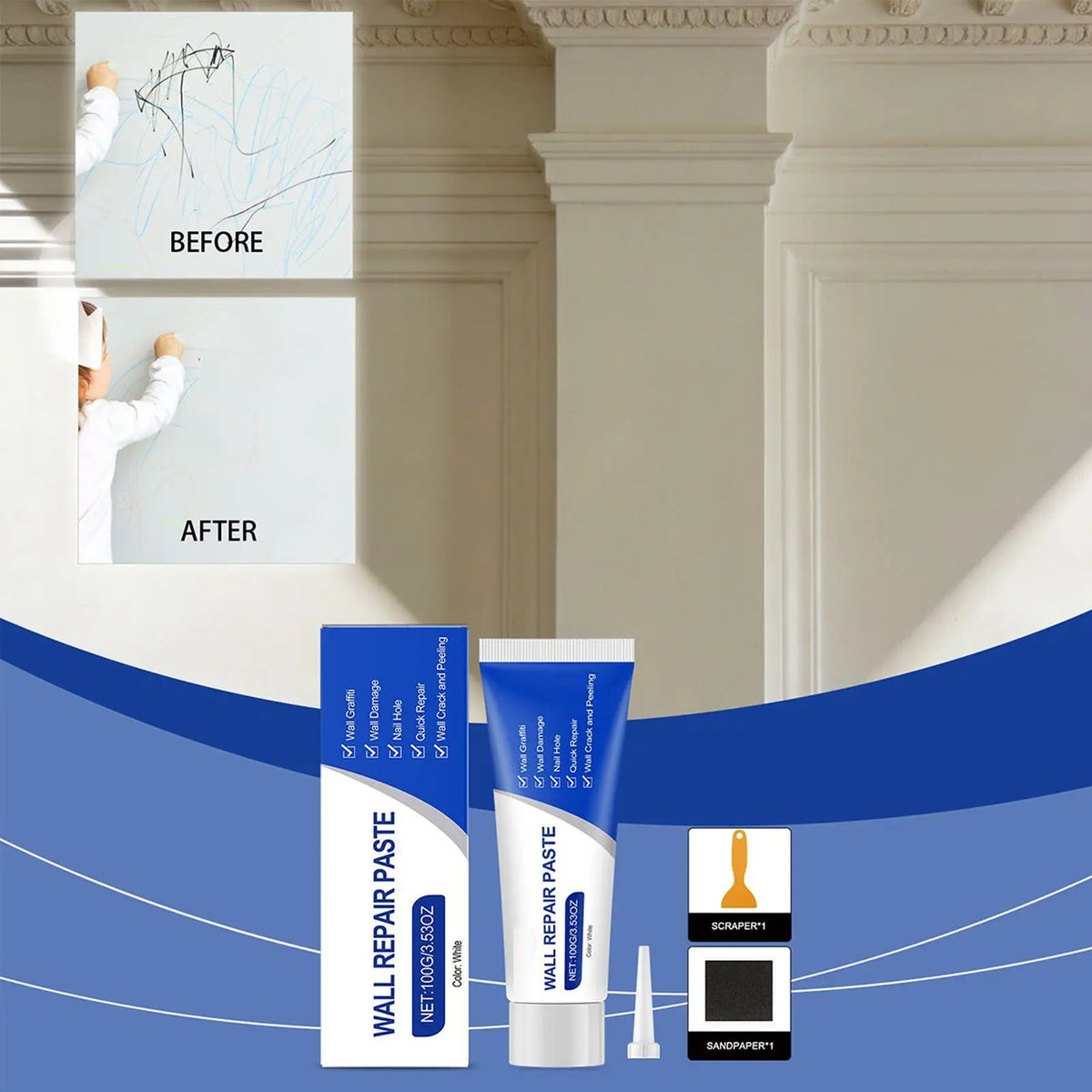 A set of wall repair paste, scraper, and sandpaper shown with before and after examples.
