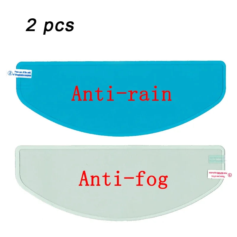 Two clear plastic films for motorcycle helmet, one anti-rain and one anti-fog.