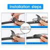 Installation steps for Ford Falcon FG/FG-X front wiper blades showing how to open, push the rocker, hook the buckle, and inst