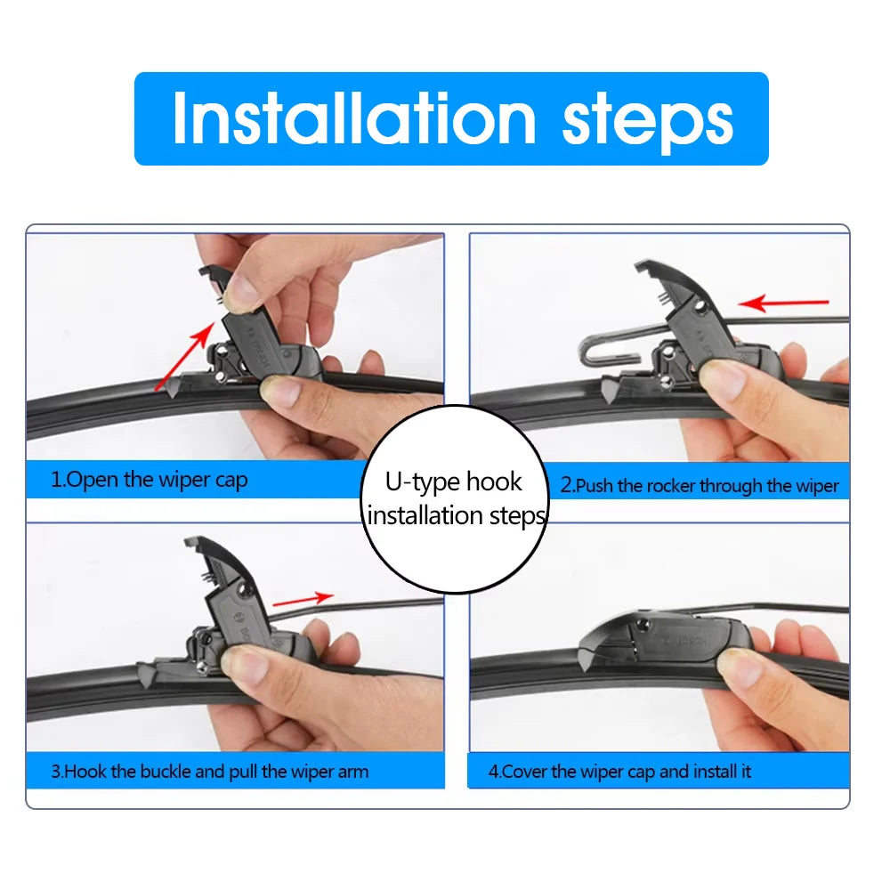 Installation steps for Ford Falcon FG/FG-X front wiper blades showing how to open, push the rocker, hook the buckle, and inst