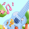 A light blue mini ukulele toy guitar with a yellow animal design is shown in an outdoor setting.