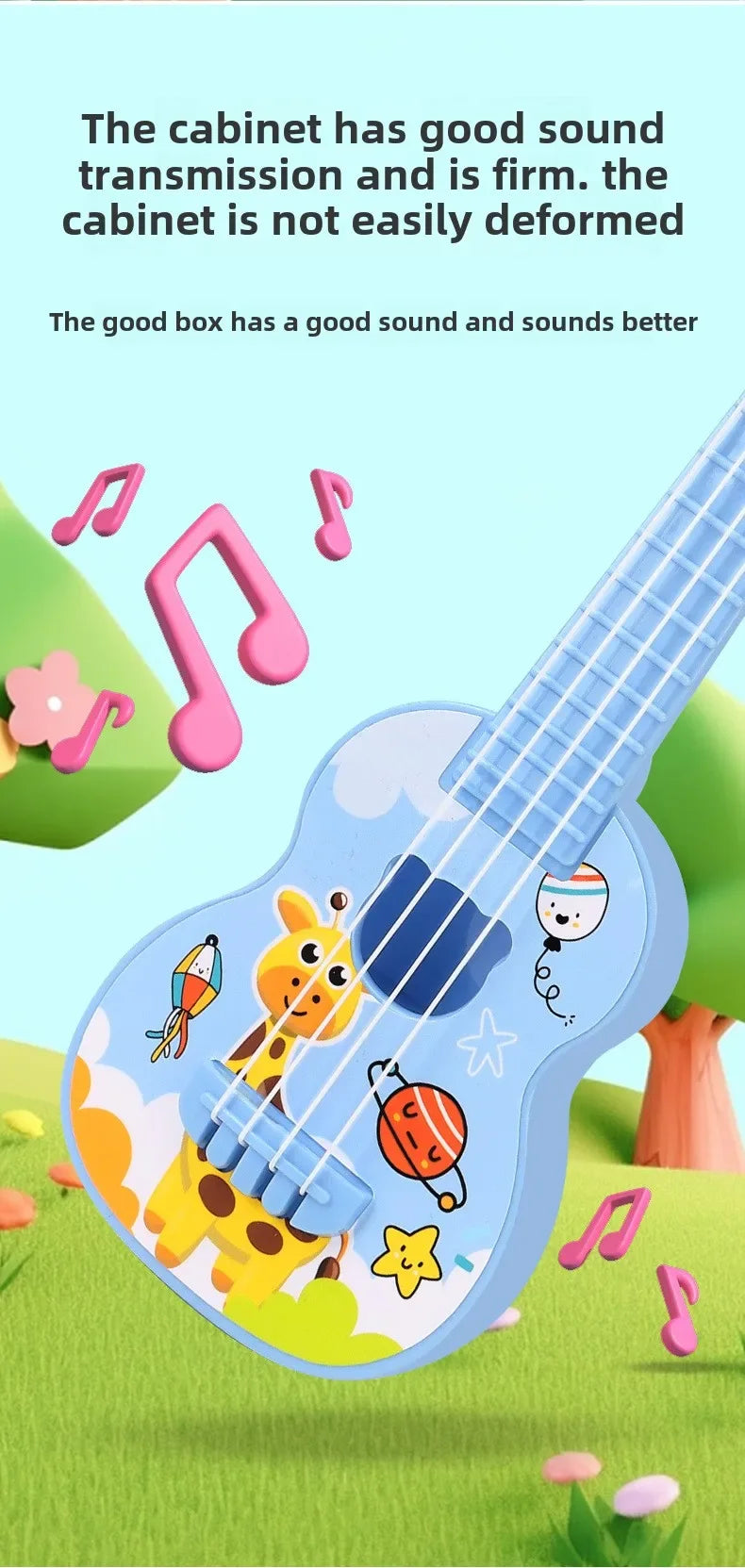 A light blue mini ukulele toy guitar with a yellow animal design is shown in an outdoor setting.