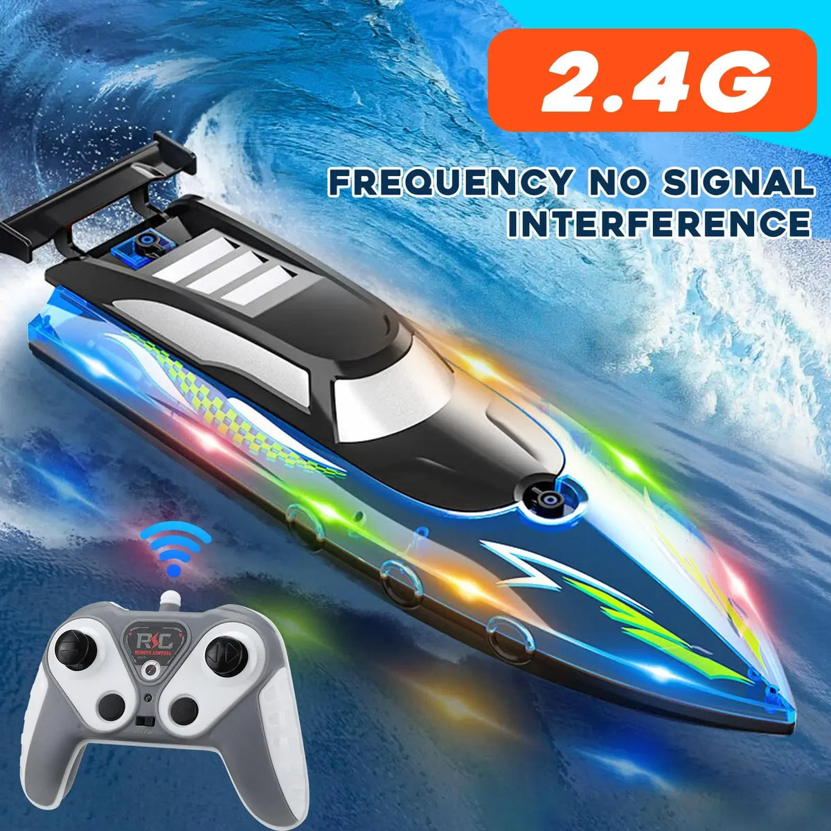 High-speed RC speedboat with blue and green LED lights and a controller