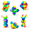 A collection of colorful, geometric puzzle toys shaped like letters and abstract forms.