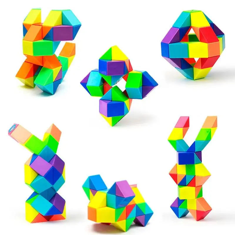 A collection of colorful, geometric puzzle toys shaped like letters and abstract forms.
