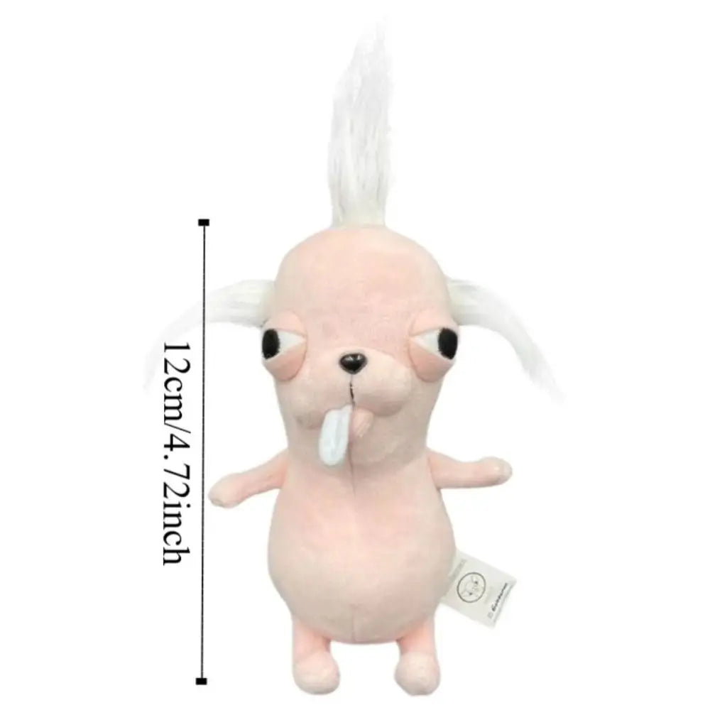 A pink plush chihuahua dog keychain pendant with white hair and a tongue sticking out.