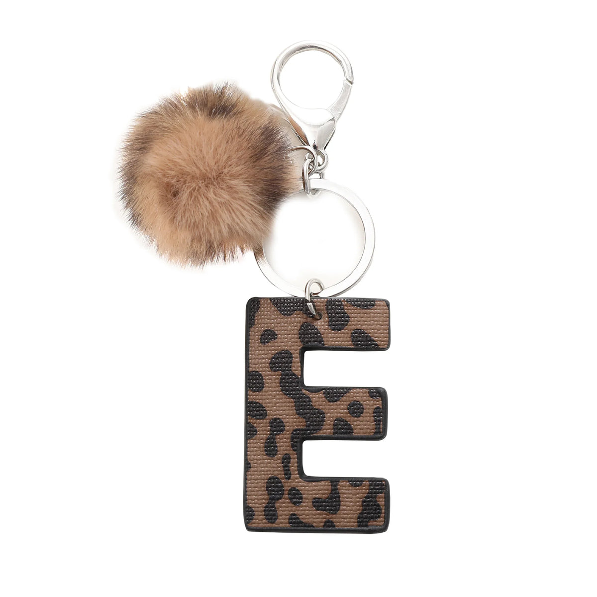 A leopard print letter E keychain featuring a fluffy brown pom-pom.