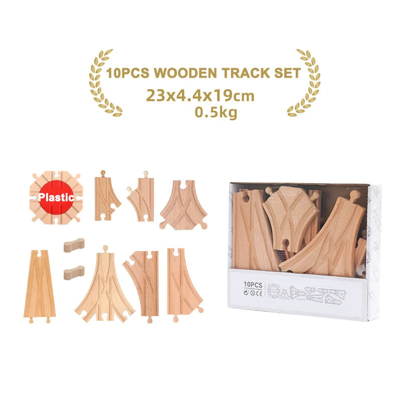 A set of 10 pieces of wooden track for train expansion, measuring 23x4x19cm.