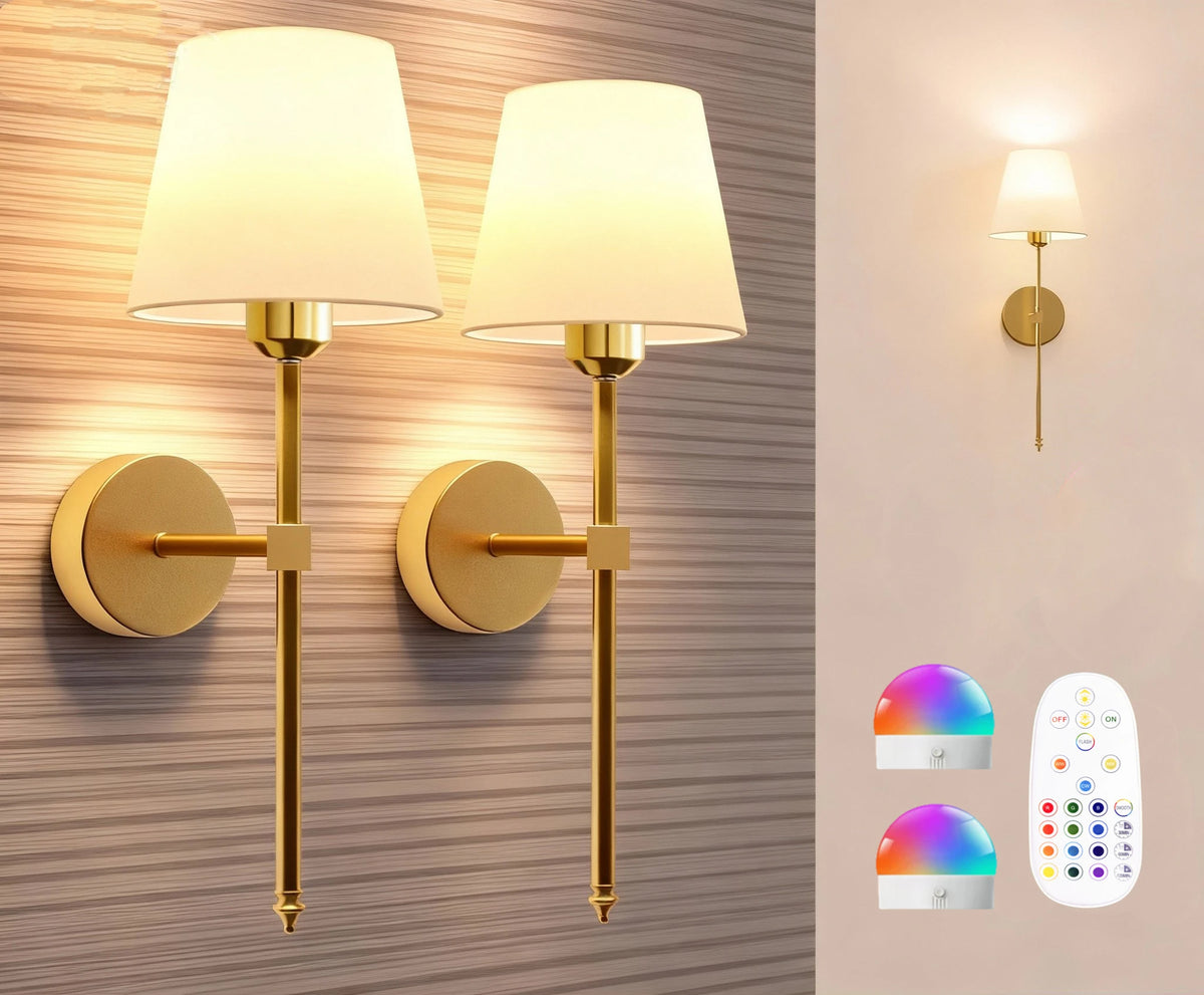 Two gold-finish rechargeable wireless wall lamps mounted on a textured wall with remote controls shown below.