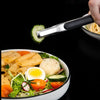 A hand uses premium stainless steel BBQ tongs to lift a slice of cucumber from a bowl of salad.