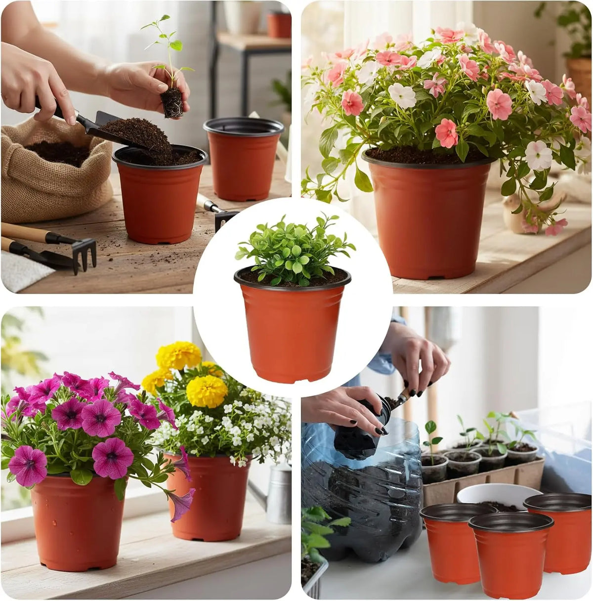 A collection of reusable orange plastic seedling pots used for indoor and outdoor gardening.