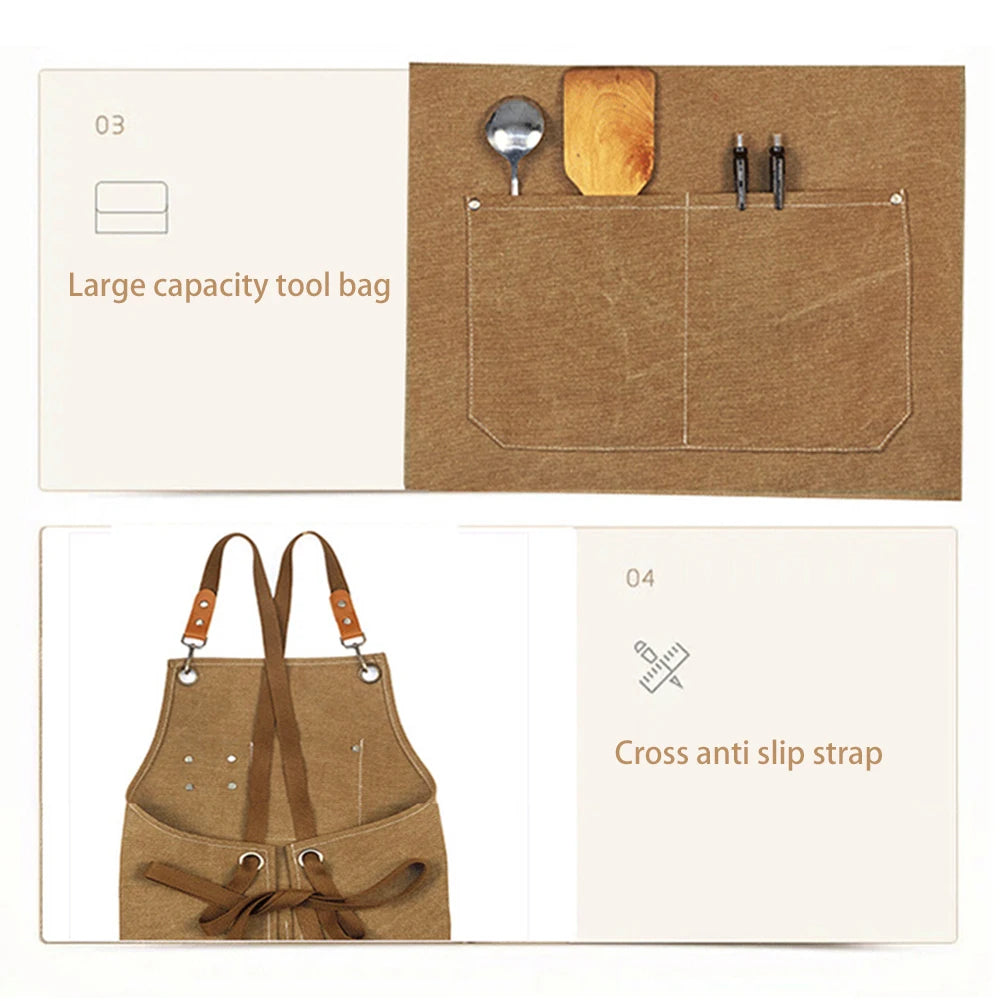 A brown canvas apron with a large front pocket and cross anti slip straps is shown alongside its packaging.