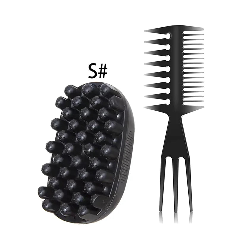 Black afro twist hair brush and sponge comb kit with a fork-like comb attachment