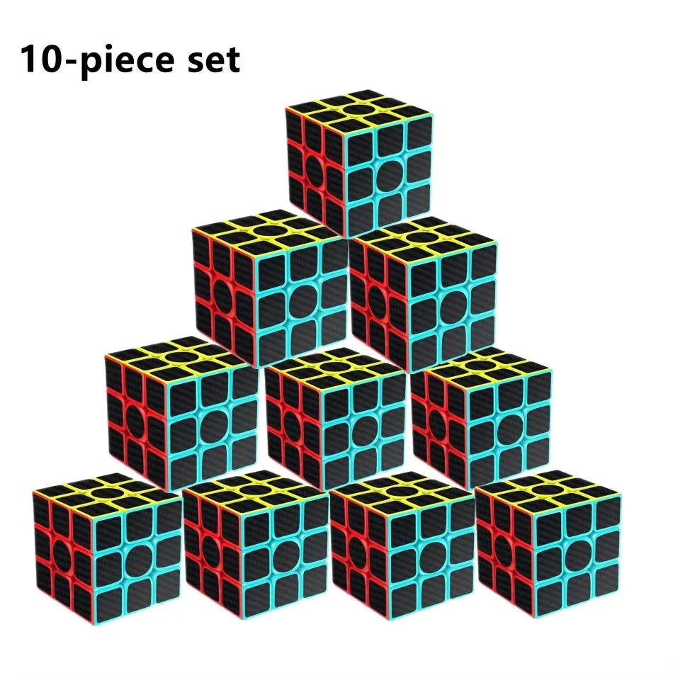 A 10-piece set of black and blue speed cubes stacked in a pyramid formation.