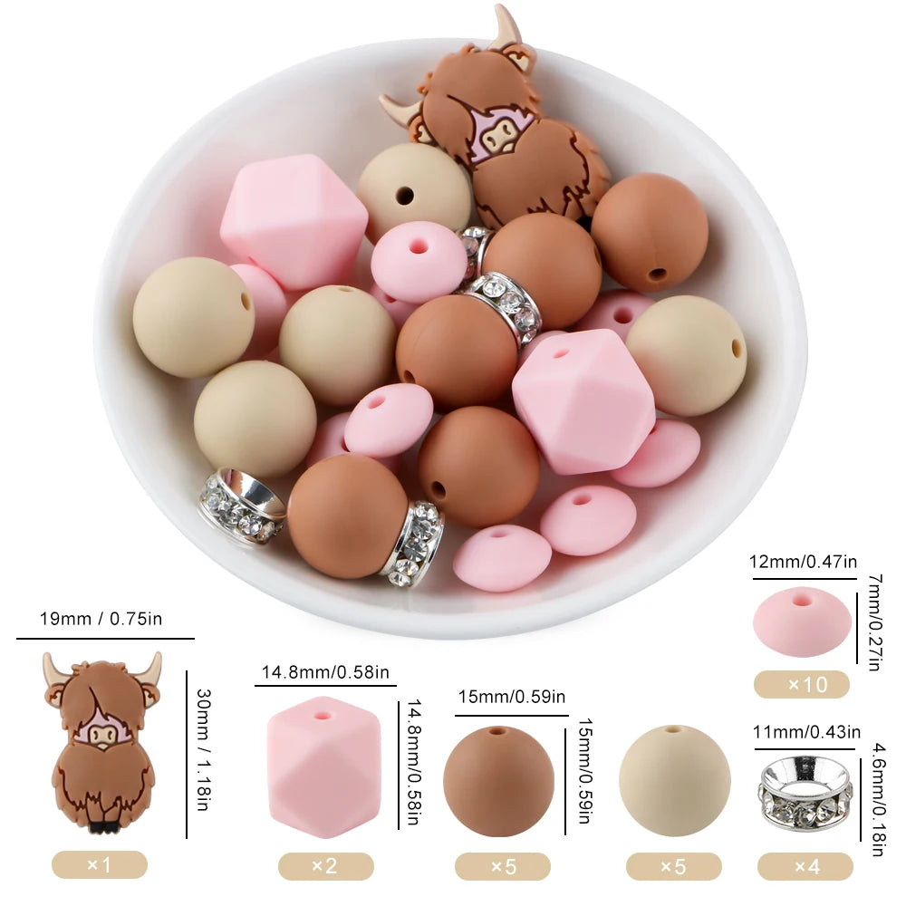 A collection of brown and pink silicone focal beads shaped like cartoon animals for jewelry making.