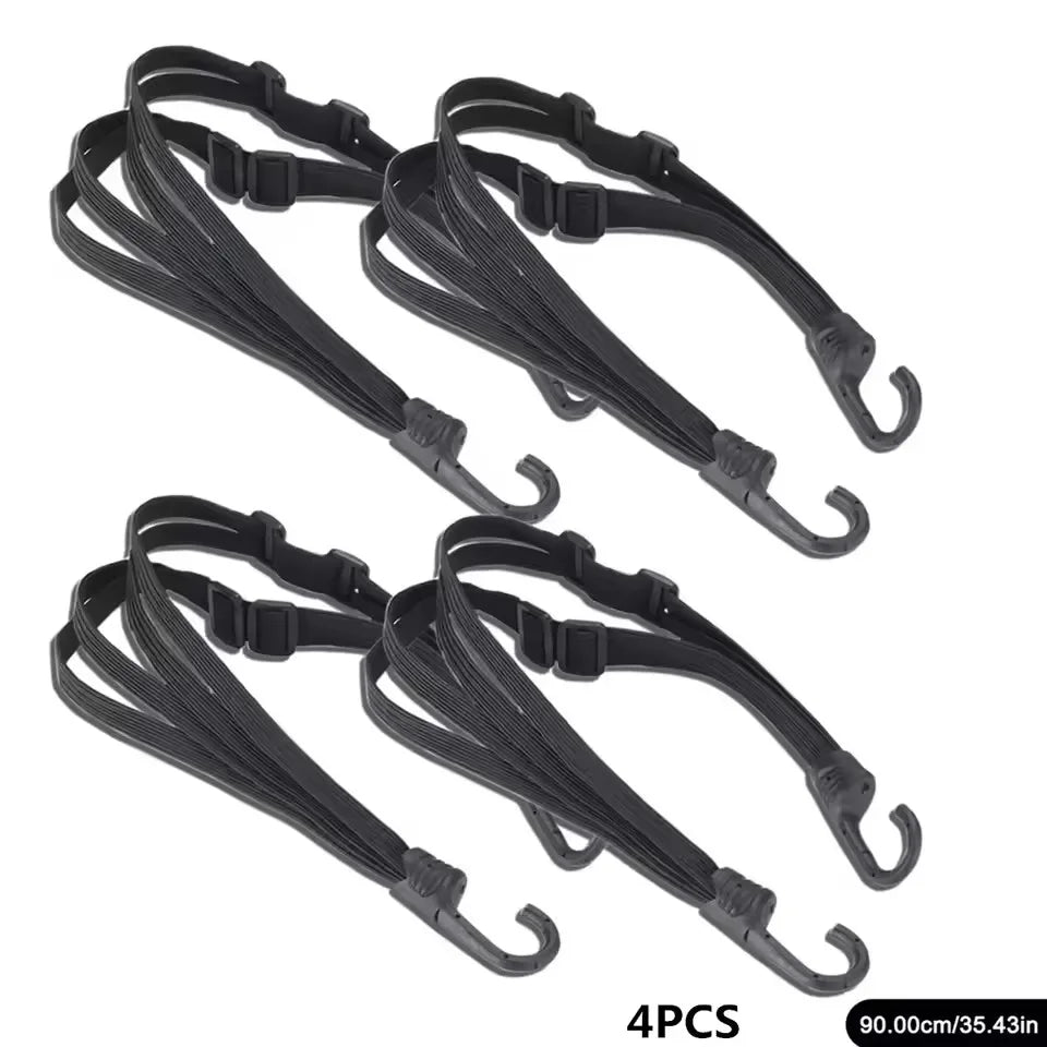 Four black retractable elastic motorcycle helmet straps with hooks