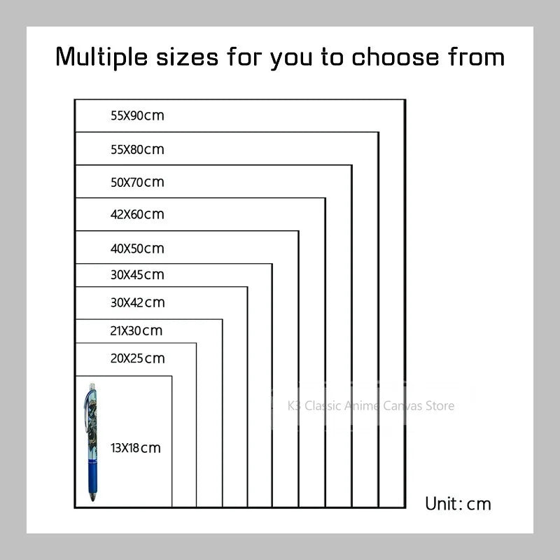A list of multiple sizes for a minimalist anime canvas wall art poster, ranging from 55x90cm down to 13x18cm.