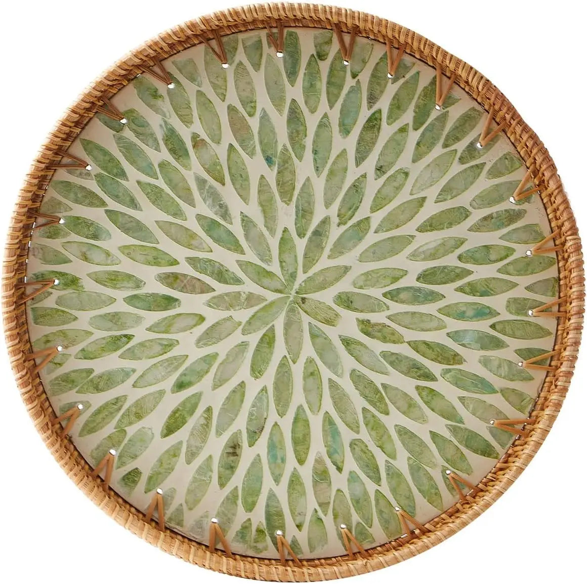 Handcrafted rattan serving tray with mother of pearl inlay featuring a green leaf pattern.