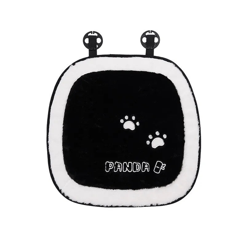 Black panda-themed car seat cover set with two headrest pillows.