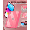 A pink crystal clear PC back case for an iPad shown alongside a tablet and accessories.