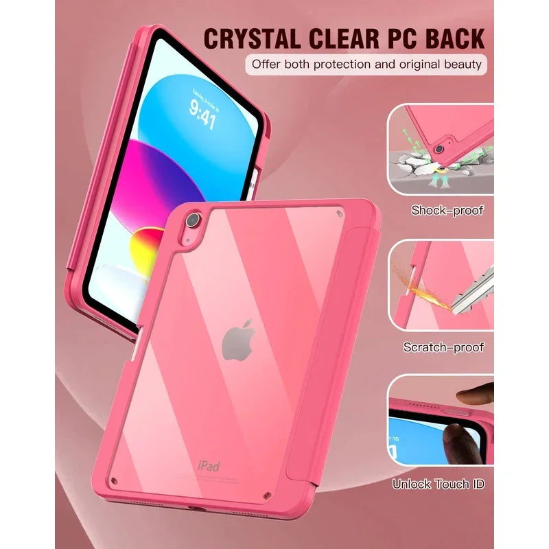 A pink crystal clear PC back case for an iPad shown alongside a tablet and accessories.